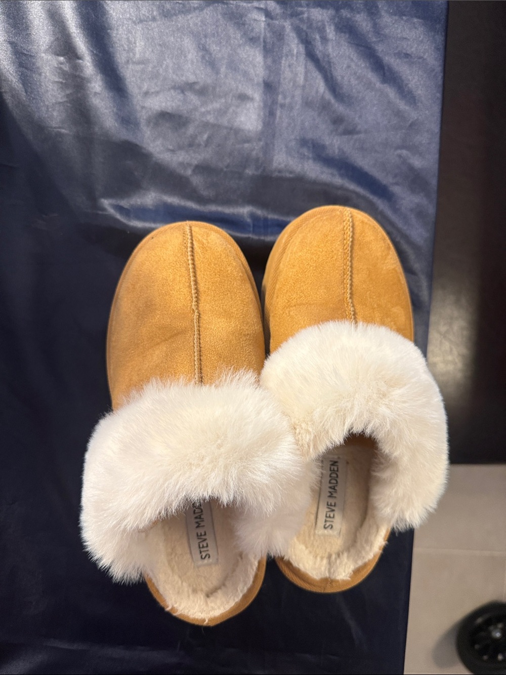 Steve Madden Chestnut Suede Slip-On Slippers with Cream Faux Fur